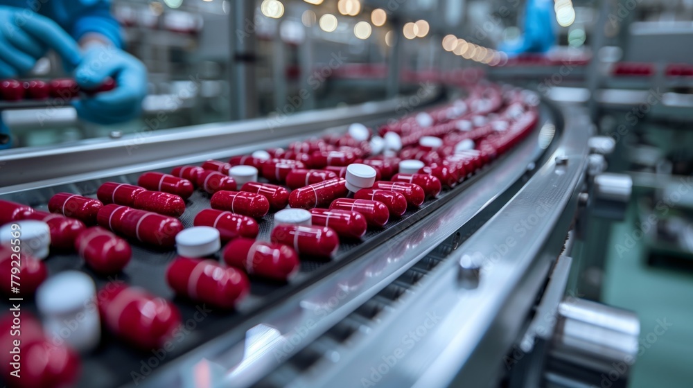 Conveyor Belt Filled With Red and White Pills Conveyor Belt Filled With Red and White Pills