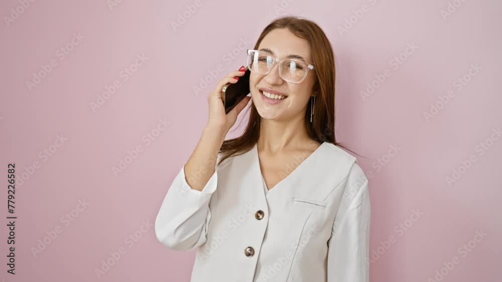 Cheery young brunette girl enjoying a positive phone conversation, confidently smiling broad with healthy teeth over a pink isolated background Cheery young brunette girl enjoying a positive phone conversation, confidently smiling broad with healthy teeth over a pink isolated background