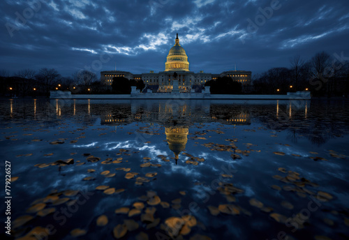 United States Capitol Complex with the reflection at sunset. Democracy and election concept. 2024 president elections.