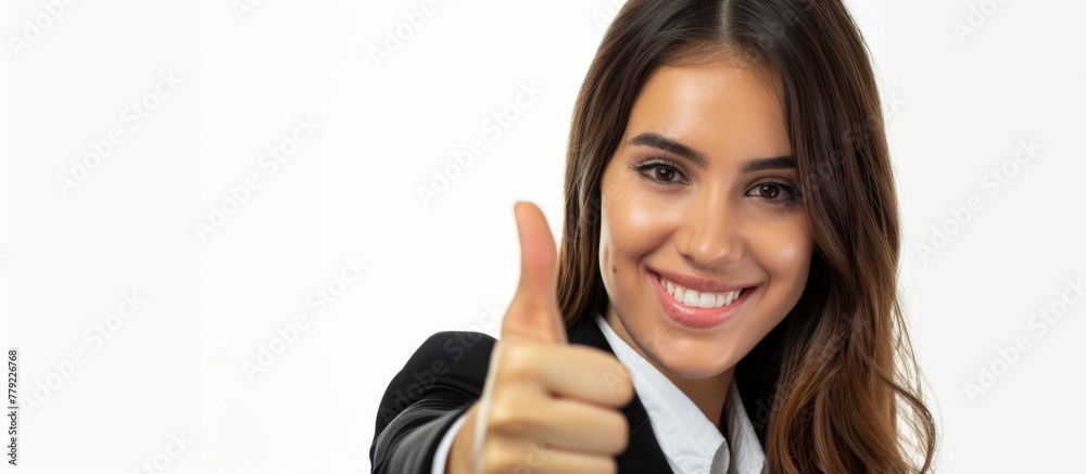 A cheerful female in a professional outfit, showing approval with a hand gesture of raising the thumb up A cheerful female in a professional outfit, showing approval with a hand gesture of raising the thumb up