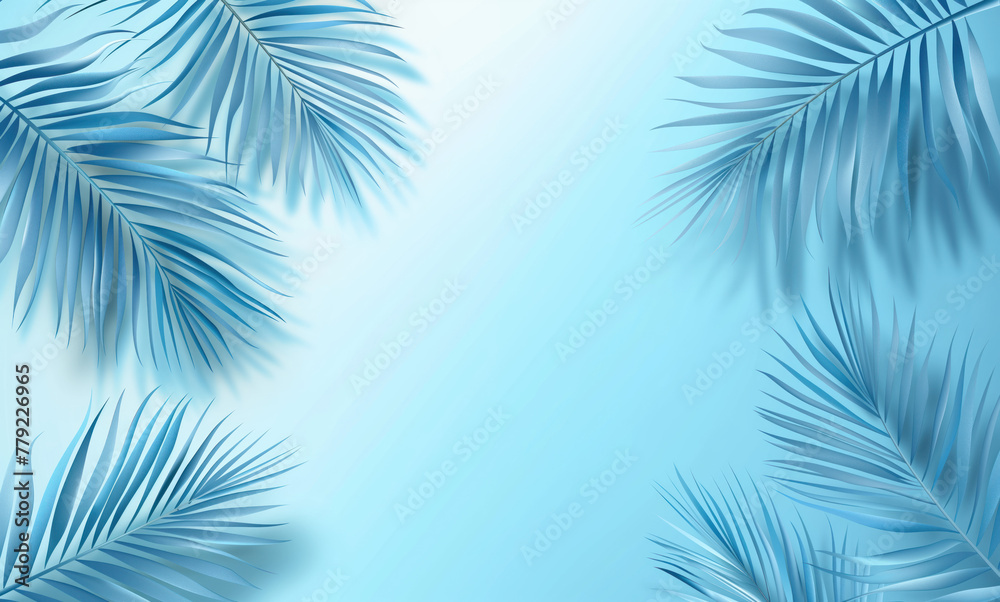 Blue background with palm trees around. Baclground with empty space. Summer vacation concept.