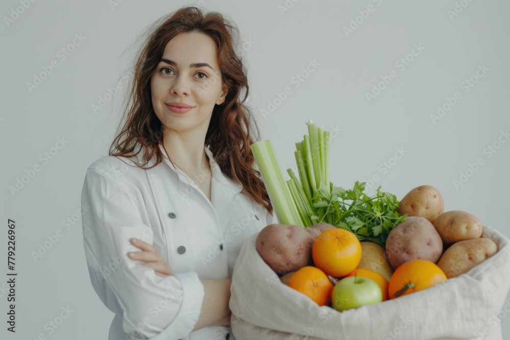 female doctor in white clothes. nutritionist. nutritionist canvas eco bag with fruits and vegetables. proper nutrition. ordering products via the Internet. delivery. cook