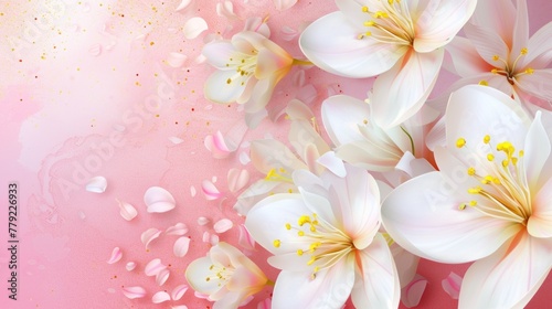 Closeup detailed of white flower petals with yellow stamens on a soft pink background. AI generated photo