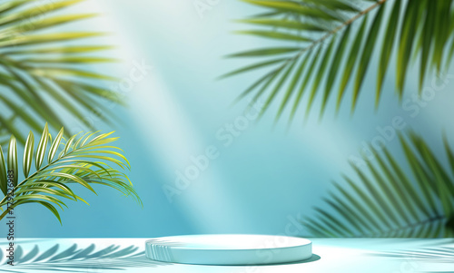 Blue background with palm trees around. Baclground with empty space. Summer vacation concept.