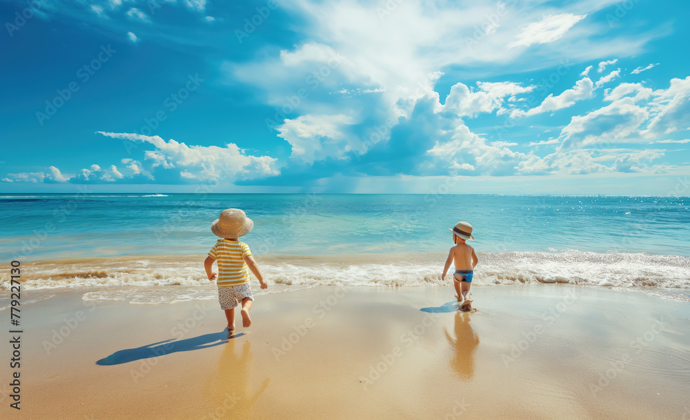 Kids running any playing on the beach. Summer vacation and travel concept. Kids running any playing on the beach. Summer vacation and travel concept.
