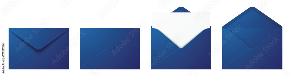 © Topuria Design - Vector set of realistic blue envelopes in different positions. Opened and closed envelope mockup isolated on a white background.