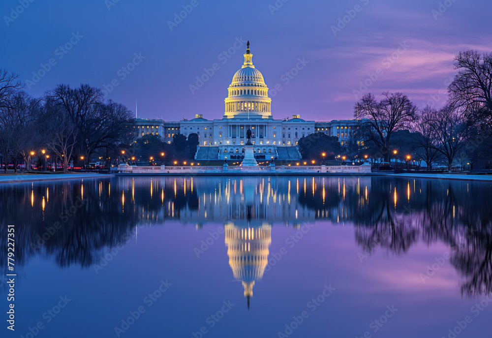 United States Capitol Complex with the reflection at sunset. Democracy and election concept. 2024 president elections. 