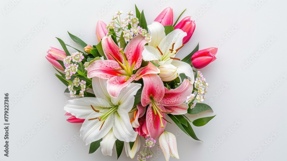 Top view flat lay beautifully lilies and tulips flowers bouquet on a white background. AI generated