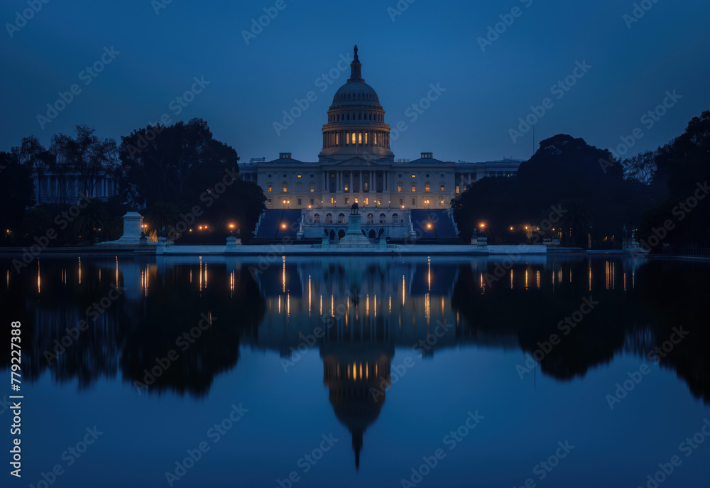 Fototapeta premium United States Capitol Complex with the reflection at sunset. Democracy and election concept. 2024 president elections. 
