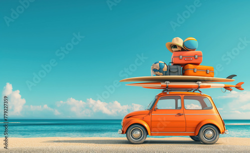 Illustration of a car beetle on a beach between palm trees. Surfboard on the minivan.