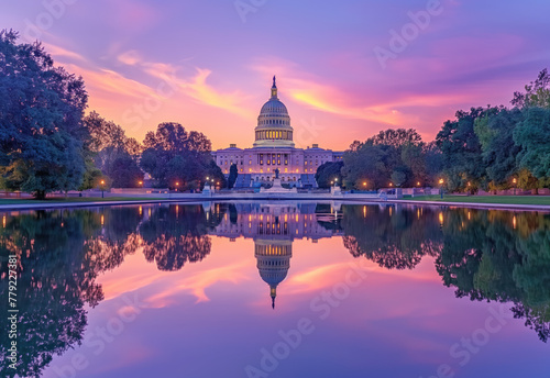 United States Capitol Complex with the reflection at sunset. Democracy and election concept. 2024 president elections.  photo