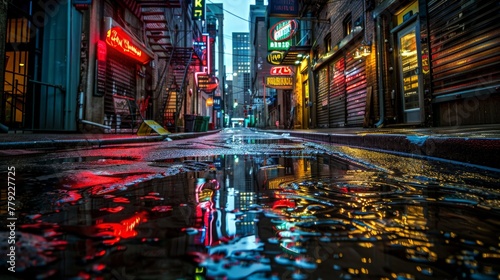 Neon Reflections on Wet City Streets © Leli