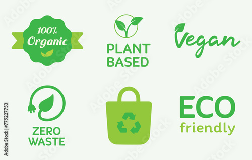 Sustainability, zero plastic, environmental, recycling, green energy, ecological. Organic, renewable, zero waste. Vegan, plant-based. Illustration vector icon set