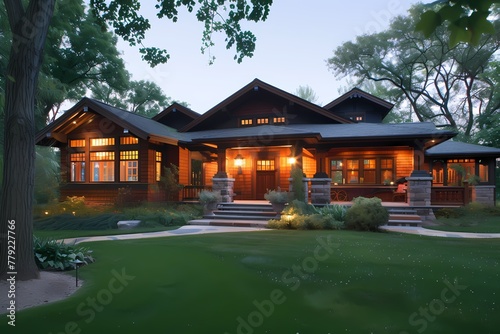 A majestic craftsman-style house facade adorned with deep mahogany, reflecting the warmth of the evening sun.