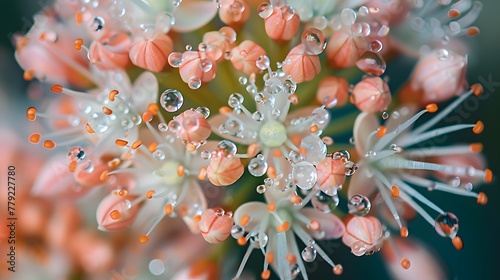 Close up of a flowering plant with water drops on its petals, showcasing the beauty of nature and the intricate details of this terrestrial organism 