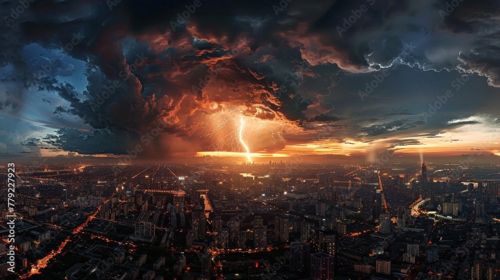Dramatic Thunderstorm Over City at Dusk Dramatic Thunderstorm Over City at Dusk