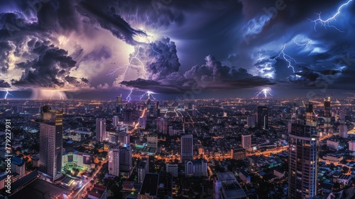 Dramatic Thunderstorm Over City at Dusk © Leli