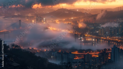 Misty Bridge and Cityscape at Twilight