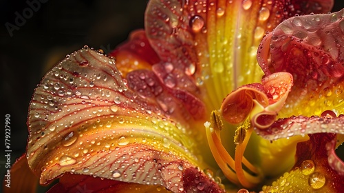 Close up of a flowering plant with water drops on its petals, showcasing the beauty of nature and the intricate details of this terrestrial organism 