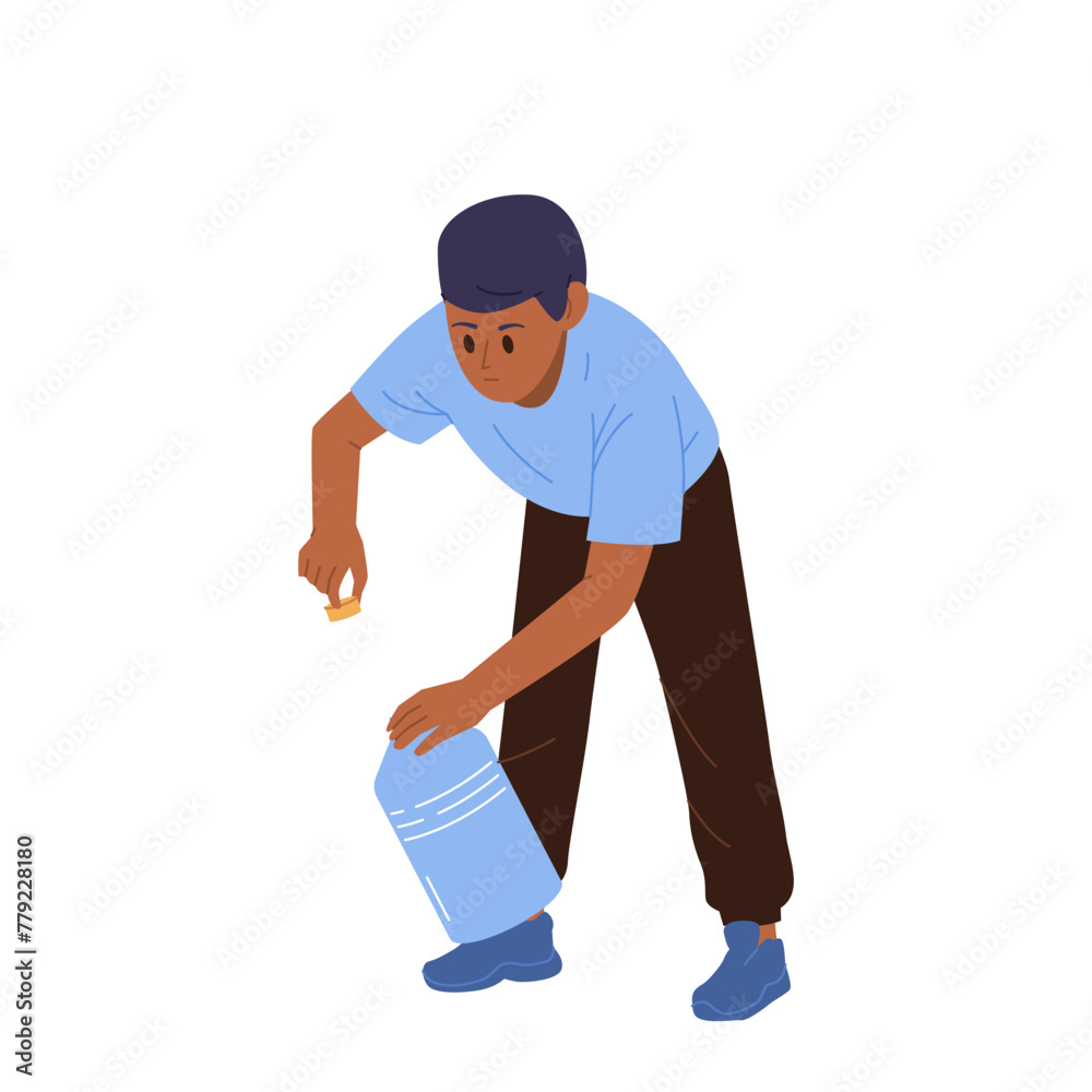 Isolated man volunteer charity service worker cartoon character pouring water into plastic bottle