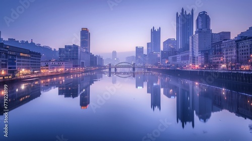 Twilight Cityscape Reflected on Peaceful River