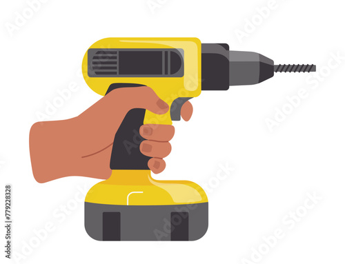 Electric drill construction tool in builder or repairman hand vector illustration isolated on white