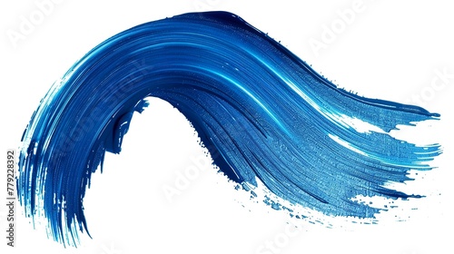 A soft and delicate blue brushstroke on a white background. Eye-catching bright blue brushstroke in a thin, wavy shape that suggests flowing liquid or dust.