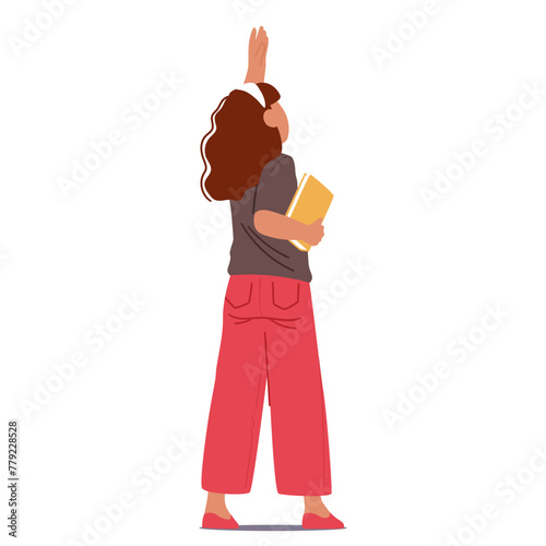 Curios Girl Character with a Book in Hand Back View. Child Extends An Arm Upwards, Looking Up, Wonder Evident In Pose