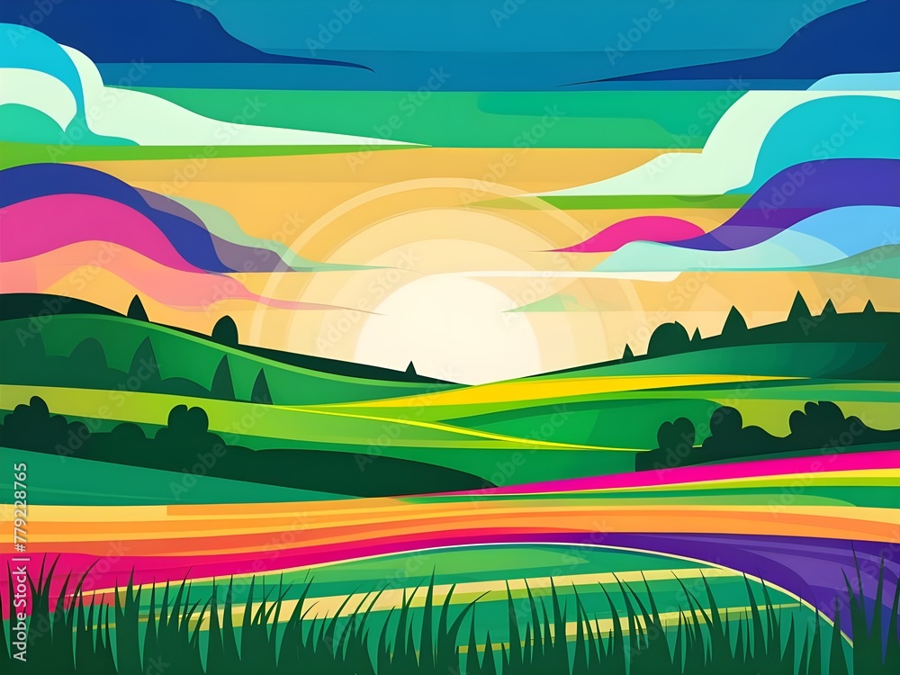 landscape with sunrise rainbow