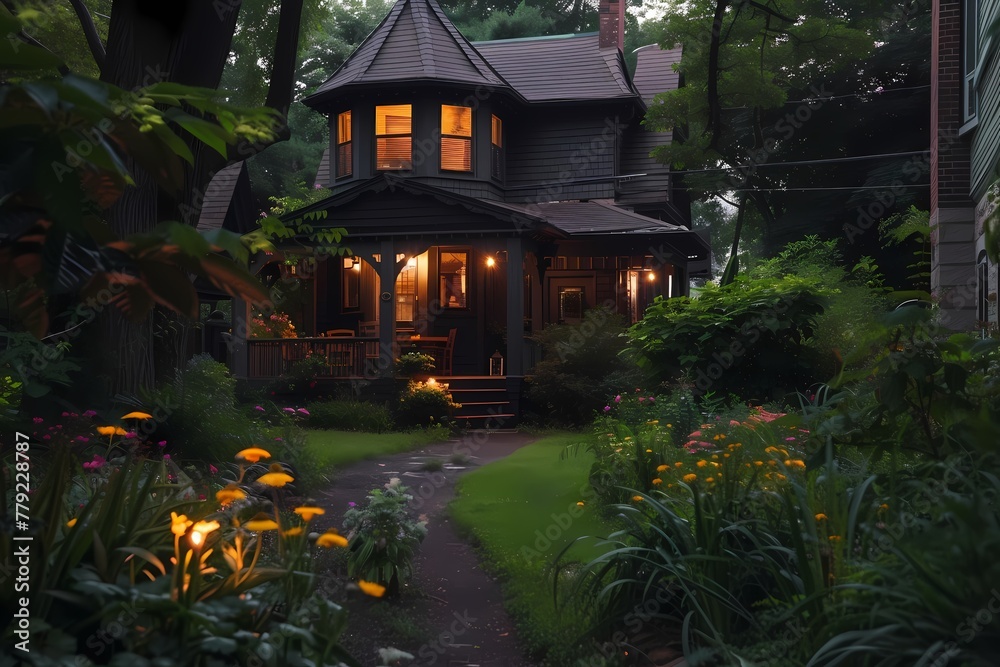 A craftsman house with a dark exterior, featuring a well-lit pathway leading to a charming garden gazebo.