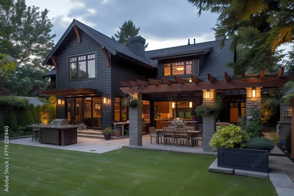 A craftsman house with a dark exterior, showcasing a spacious backyard with a pergola, outdoor kitchen, and dining area. A craftsman house with a dark exterior, showcasing a spacious backyard with a pergola, outdoor kitchen, and dining area.