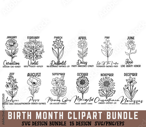 Birth Month Flower SVG Clipart Bundle, Birthday Gift Month Flower T-Shirt For Men And Women Cute Floral Print T-Shirt Summer Wildflower Graphic Tamplate