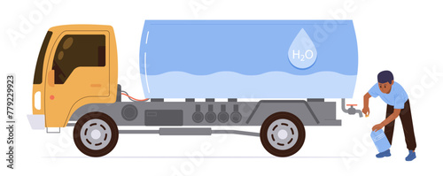 Young man volunteer cartoon character pouring fresh clean drinking water from lorry truck