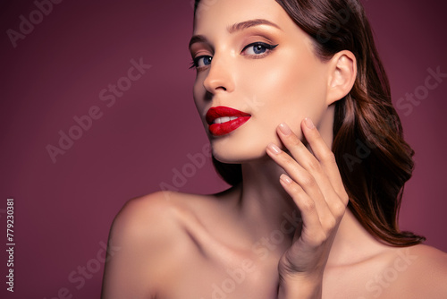 Photo of brunette haired lady touch face skin with fingers look isolated brown color background