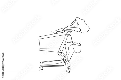 market basket kid rides excited one line art design vector