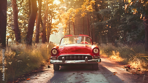 Red Vintage Convertible Evokes Nostalgia on Forest Road Adventure photo