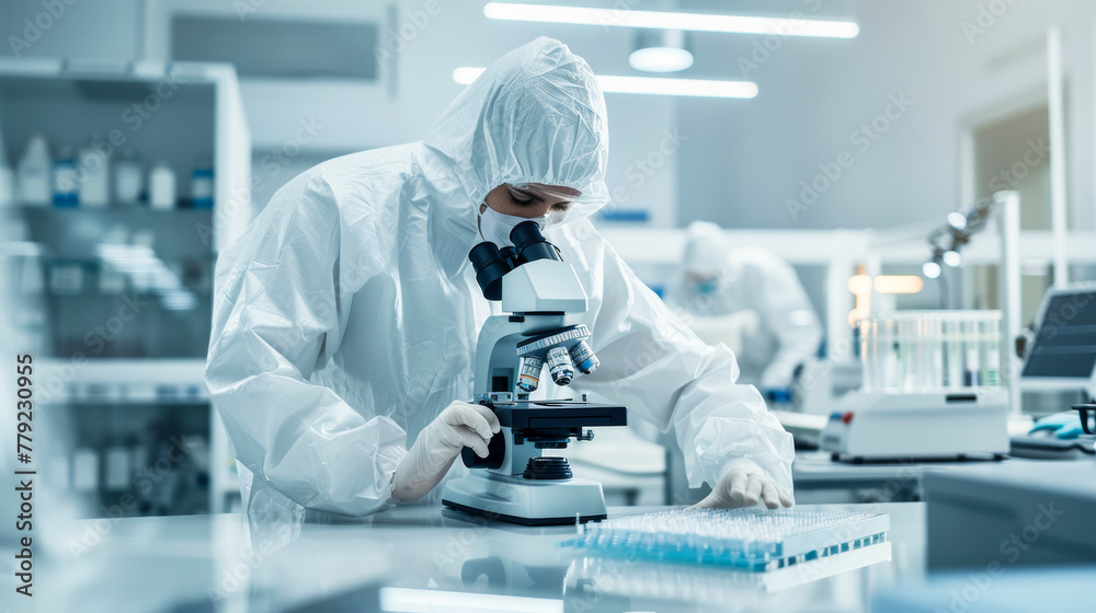 Laboratory Scientist Conducting Analysis in Biohazard Suit, Medical Research and Analysis