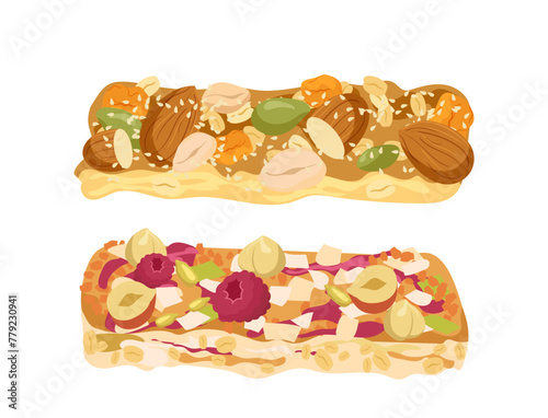 Dieting sweet muesli bars, healthy wellness supplement, sport food isolated vector illustration
