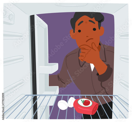 Thoughtful Male Character, Engulfed By The Stark Emptiness Of His Fridge, Rummages With A Hopeful Gaze