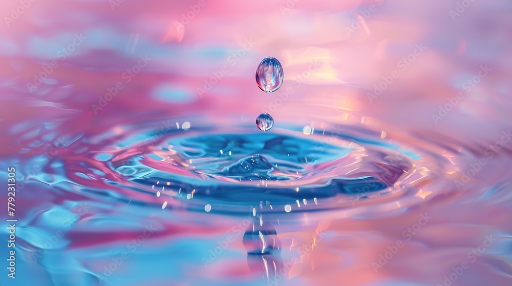 Beautiful, bright drops of pure clear water on a smooth surface with vibrant colors of blue and pink. Nature background.