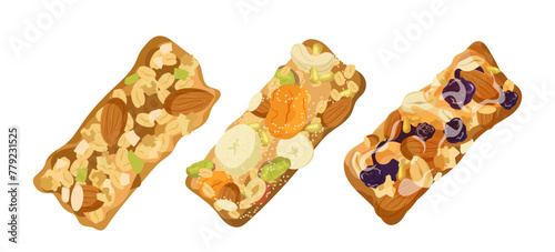 Muesli granola bars healthy snack fast food with dried fruit and nuts mix vector illustration
