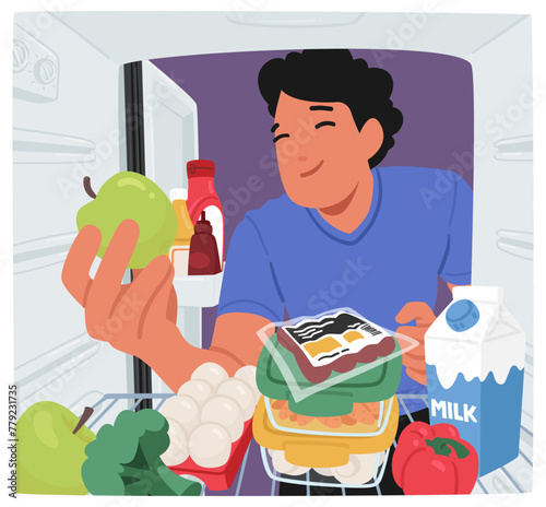 Male Character Rummaging Through Fridge Shelves, Hunting For Sustenance and Struggle Against Hunger, Vector Illustration