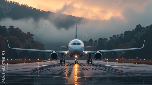 On an airport runway, an airplane flies