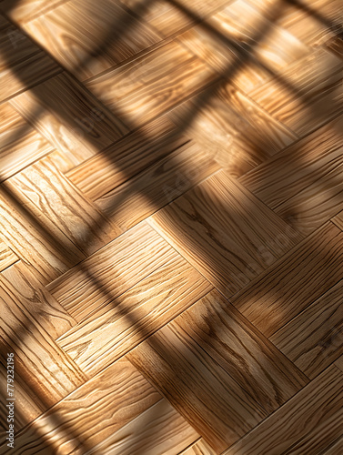 A wooden floor with a pattern of squares and a shadow cast on it. The shadow is dark and the floor is light brown