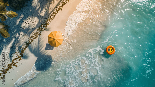 overhead photographic shot of a tropical beach, Bitcoin symbol writen on the beach chair umberellas, large water floatie shaped in the number 16, floating in the ocean. Dynamic shadows, bright sunlit  photo