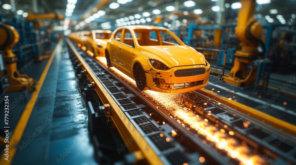 Digitalization of the Car Industry 4.0 concept: Automated Robot Arm Assembly Line to manufacture green energy electric vehicles. Adopting AI to analyze and scan production efficiency using computer