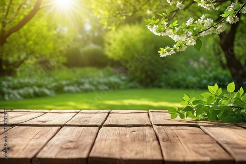 Spring beautiful background with empty wooden table