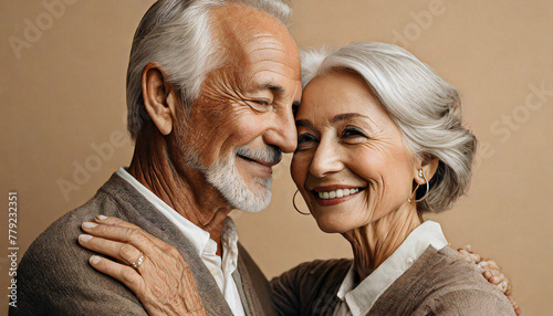 Casal de idosos. Casal de idosos sorrindo enquanto se abraçam photo