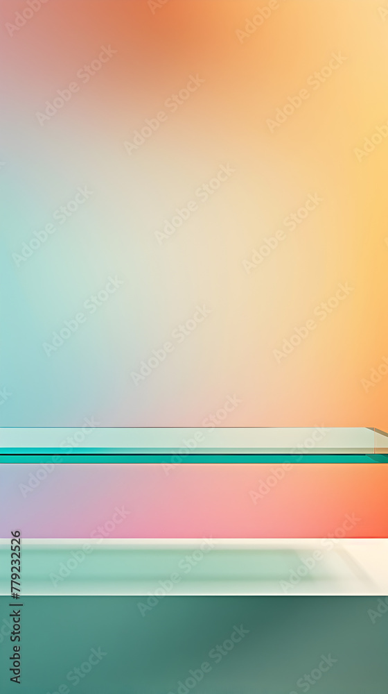 Obraz premium A colorful background with a glass shelf in the foreground. The shelf is made of glass and is placed on a table