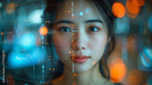 Photograph of Asian Startup Digital Entrepreneur working on Computer, projecting line of code onto her face and reflecting. Software Developer working on Innovative e-Commerce App using AI. © Maxim Borbut